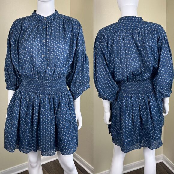 Rebecca Taylor Women's Size M Blue Ikat Cotton Shirt Mini Pullover Dress Smocked - Picture 1 of 17